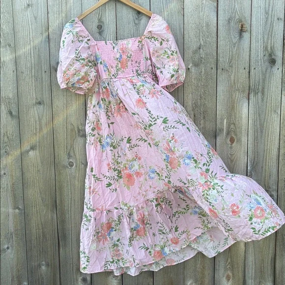 By The River Floral Pink Puff Midi Sleeve Dress - Picture 3 of 15